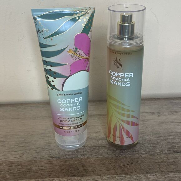 2 Pc SET Bath & Body Works COPPER COCONUT SANDS Fragrance Mist & Body Cream - Picture 1 of 6
